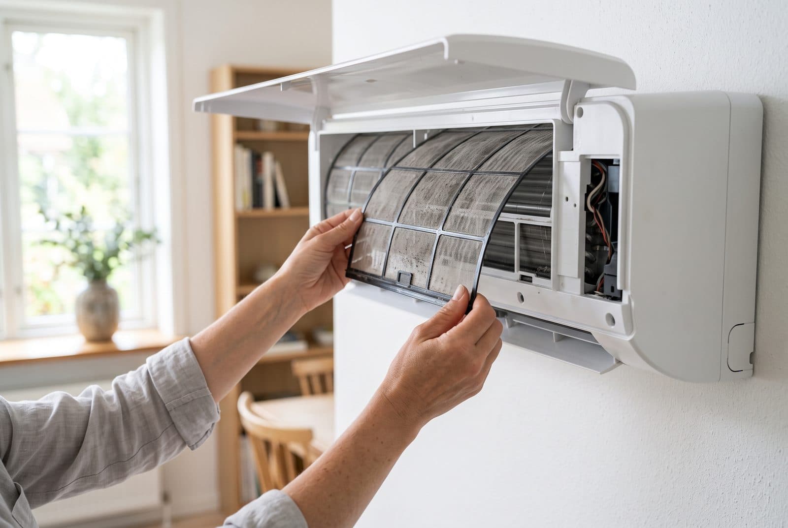 Montør renser filter i indedel på luft til luft varmepumpe